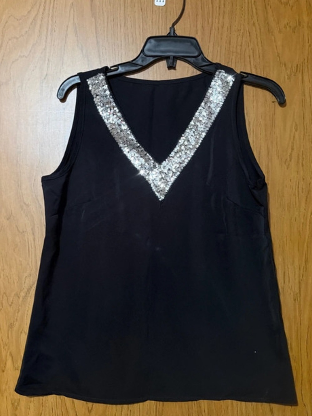 SHEIN Black Sleeveless Camisole with Silver Sequin V-Trim